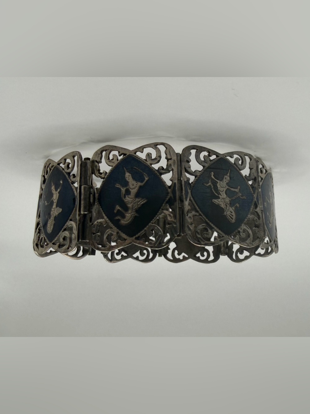 Vintage Siam Silver Nielloware Link Bracelet - 925 Sterling